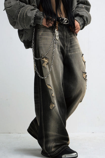 Mud-Dyed Distressed Wide-Leg Jeans Pants