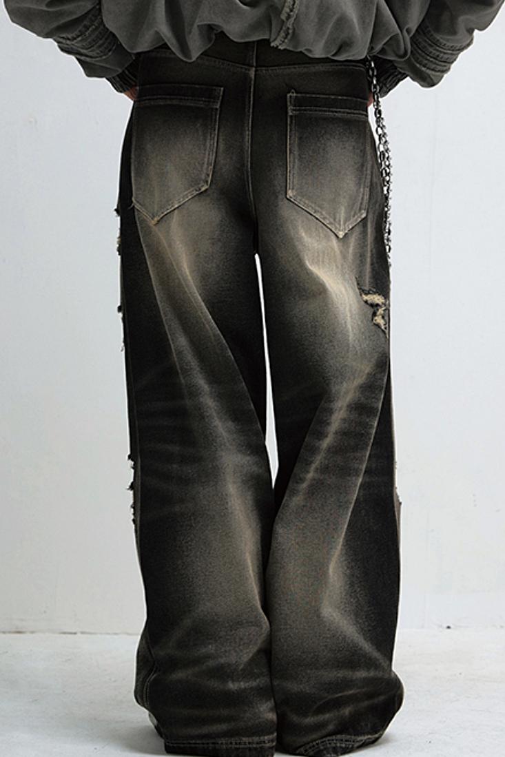 Mud-Dyed Distressed Wide-Leg Jeans Pants