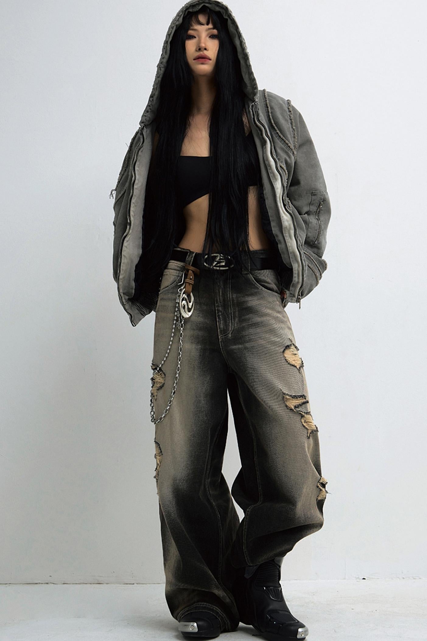 Mud-Dyed Distressed Wide-Leg Jeans Pants