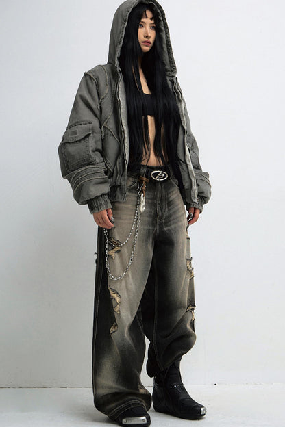 Mud-Dyed Distressed Wide-Leg Jeans Pants