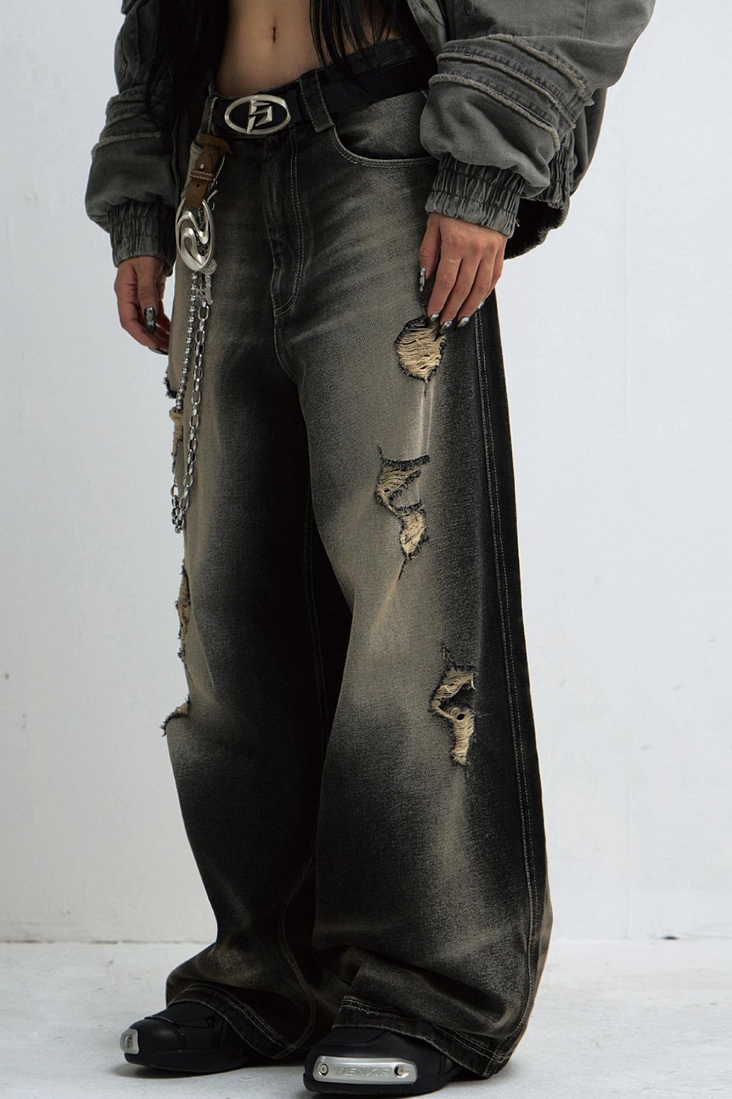 Mud-Dyed Distressed Wide-Leg Jeans Pants