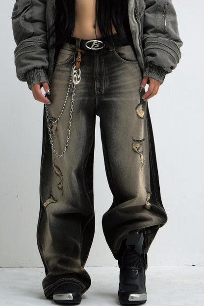 Mud-Dyed Distressed Wide-Leg Jeans Pants