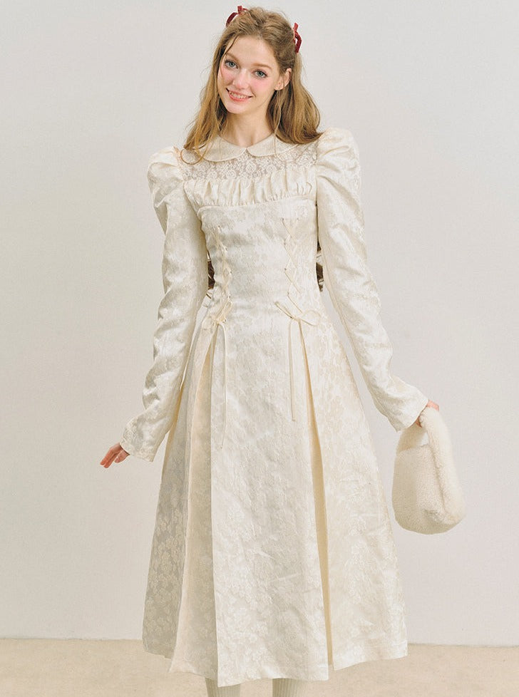 Snow puff sleeve jacquard lace-up dress