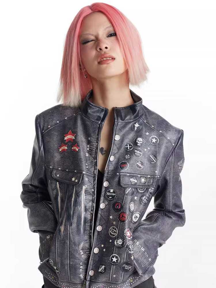 Retro distressed punk leather jacket