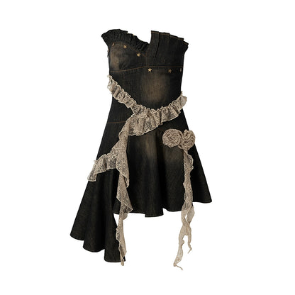 Vintage Black Lace Denim Dress