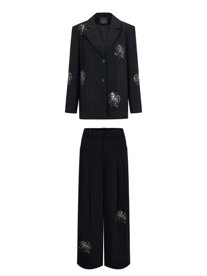 Embroidered Casual Jacket + Casual Wide Leg Pants