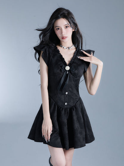 White Rose Motif Ruffle Dress Black