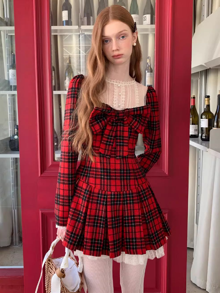 Red lace plaid skirt dress