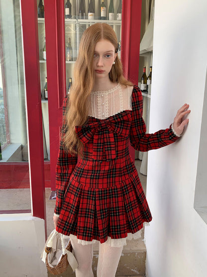 Red lace plaid skirt dress