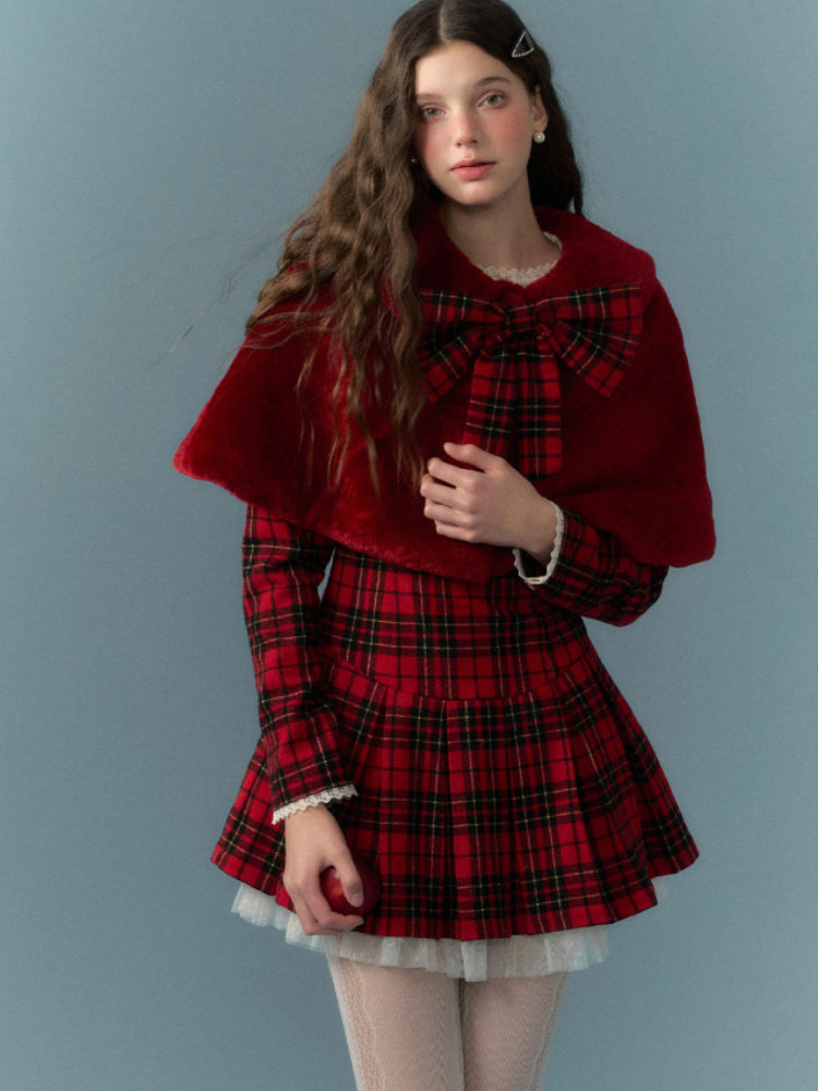 Red lace plaid skirt dress