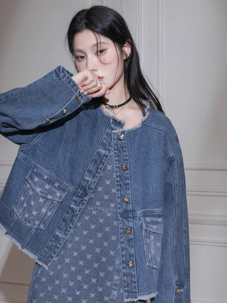 Denim jacket + suspenders skirt