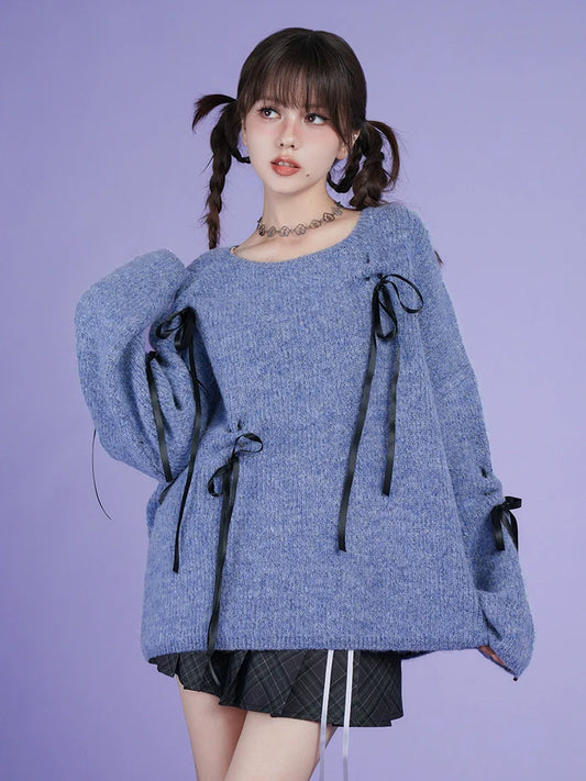 Lace-up Bow Crew Neck Sweater Loose Top