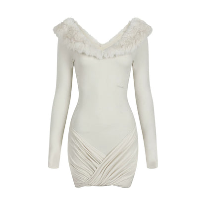 Furry V-Neck Slim Dress
