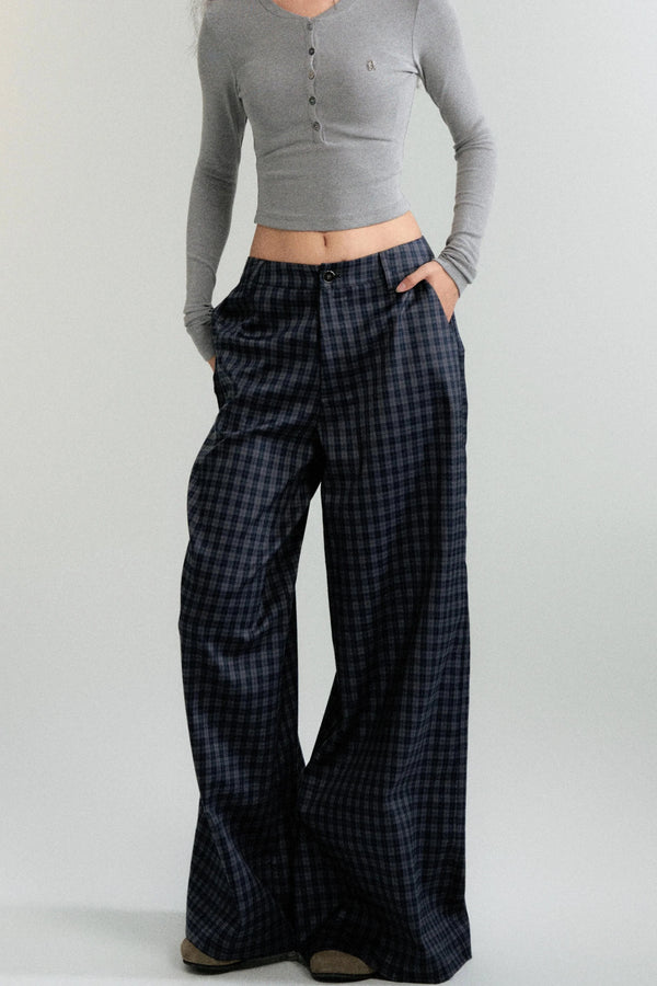 Antique Navy Plaid Wide-Leg Pants