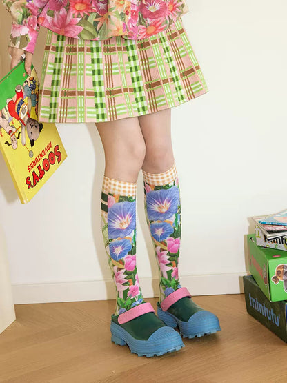 Flower plaid print socks