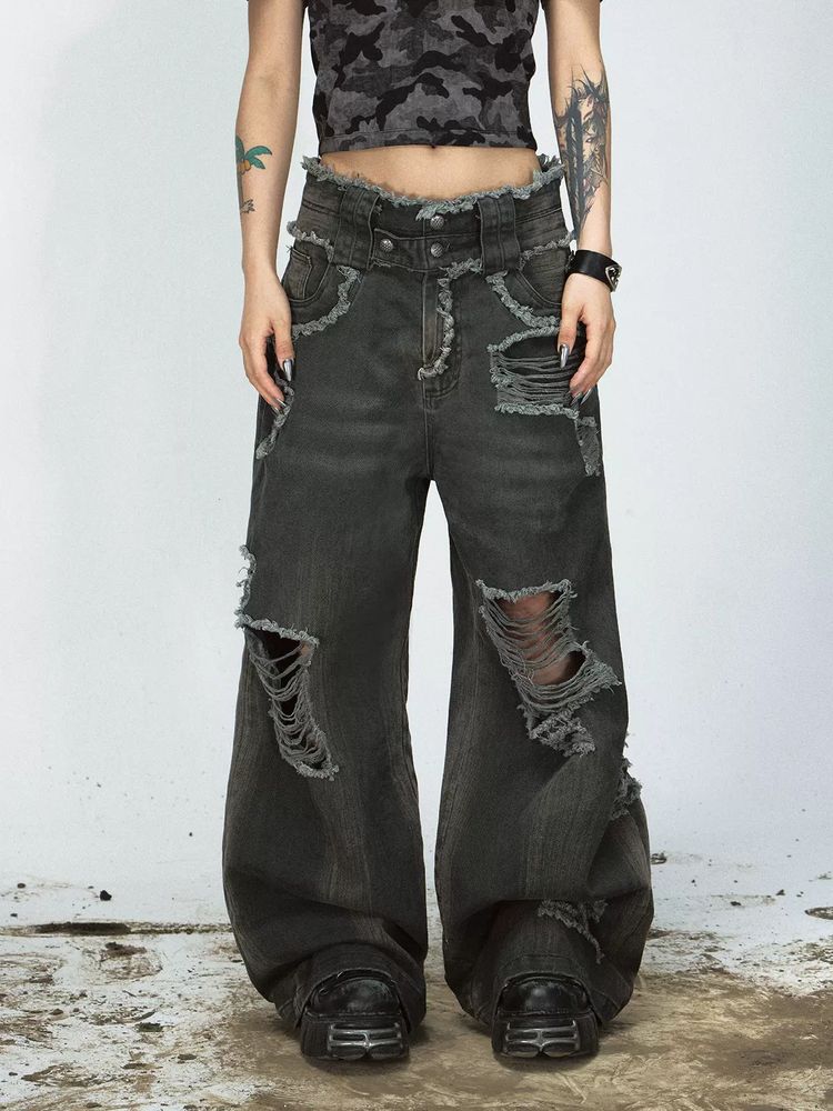 Distressed loose wide leg pants