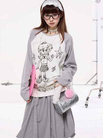 Hand-drawn girly print long-sleeved T-shirt