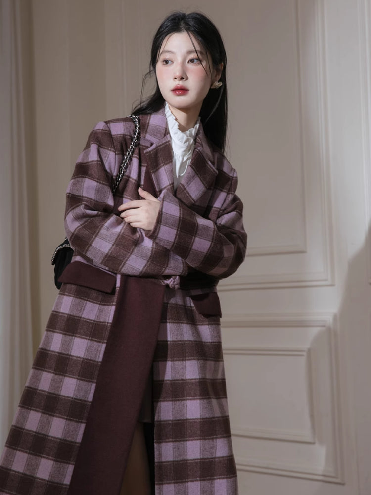 Rose plaid wool long jacket