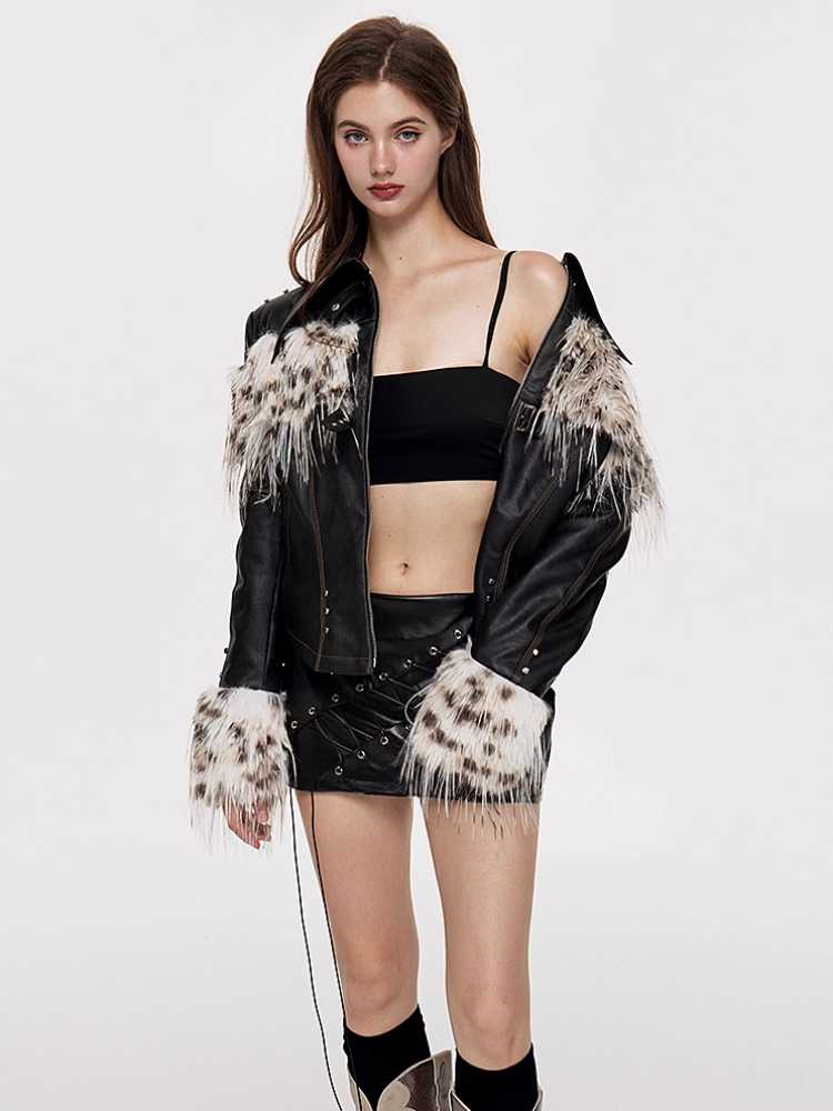 Leopard fur and leather jacket