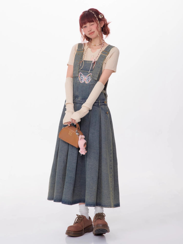 Denim suspender skirt