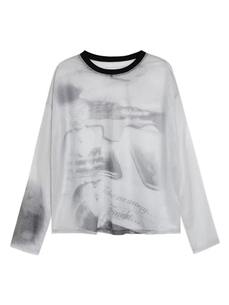 Printed mesh long sleeve T-shirt