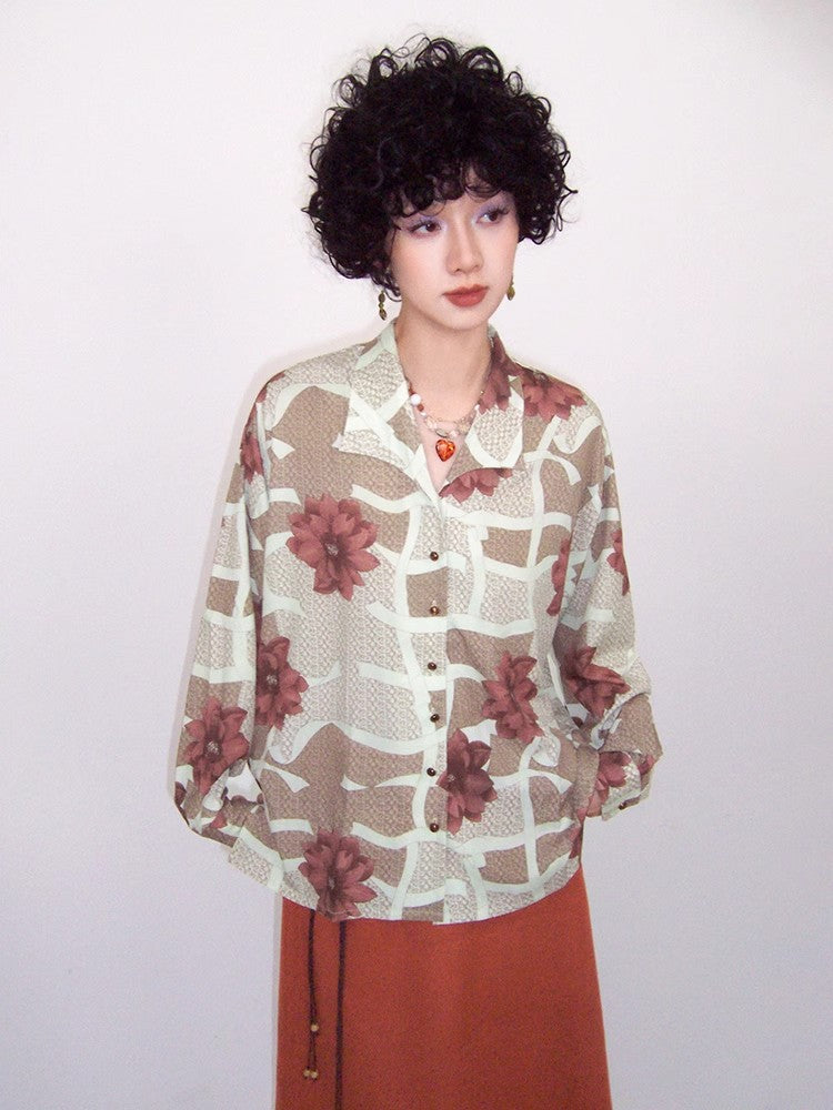 Retro print loose long sleeve shirt