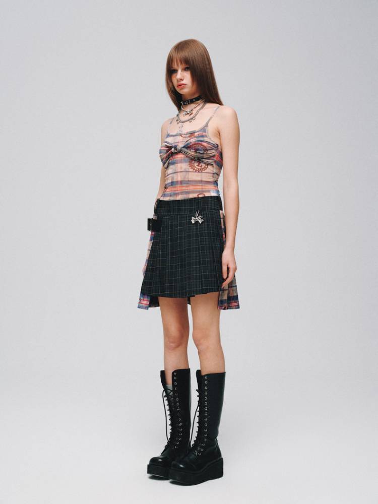 Plaid A-pleated skirt