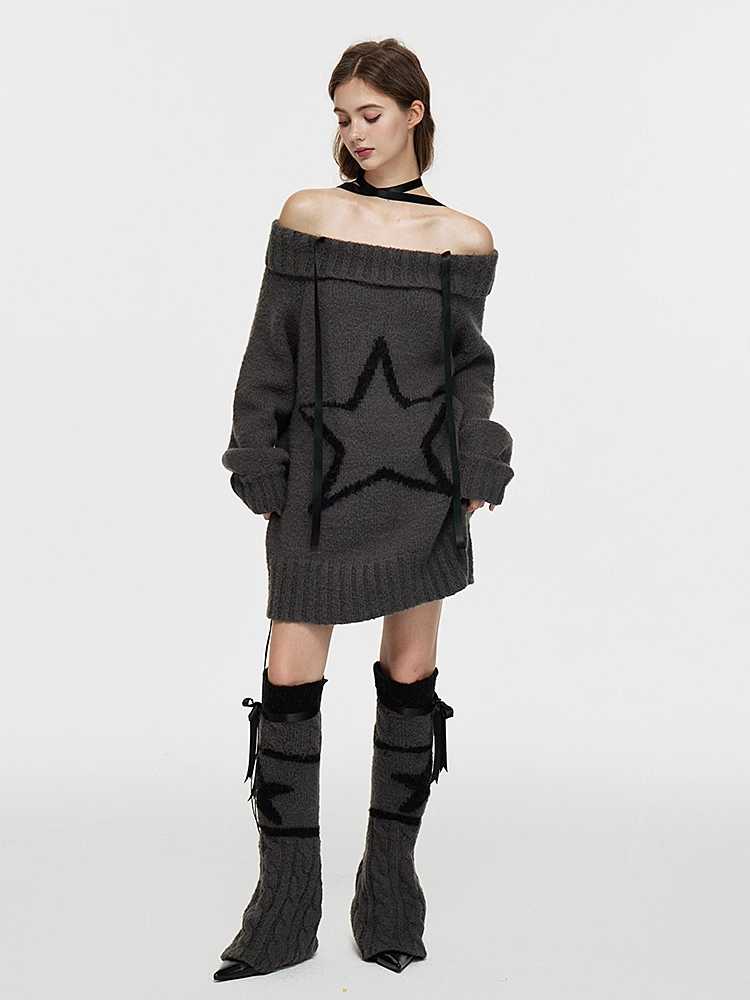 One-shoulder wool sweater and leg warmers