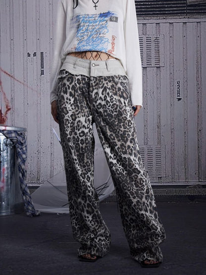 Retro leopard print straight pants