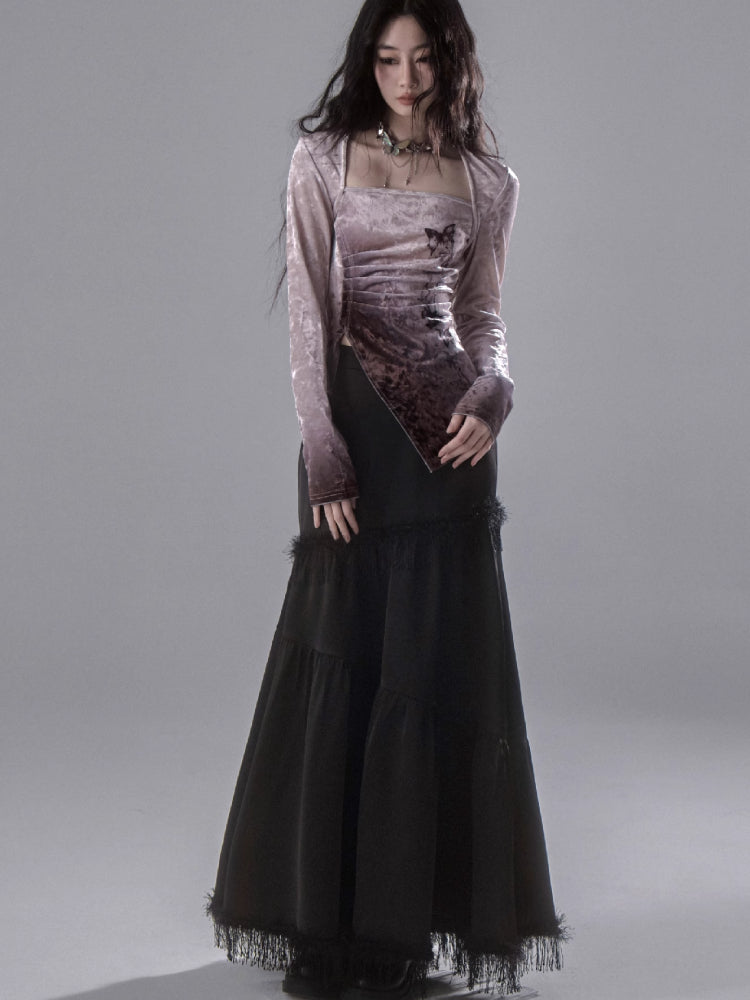 Gradient butterfly velvet top and skirt