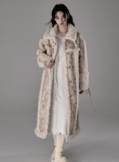 Long lamb fur integrated stitching jacket