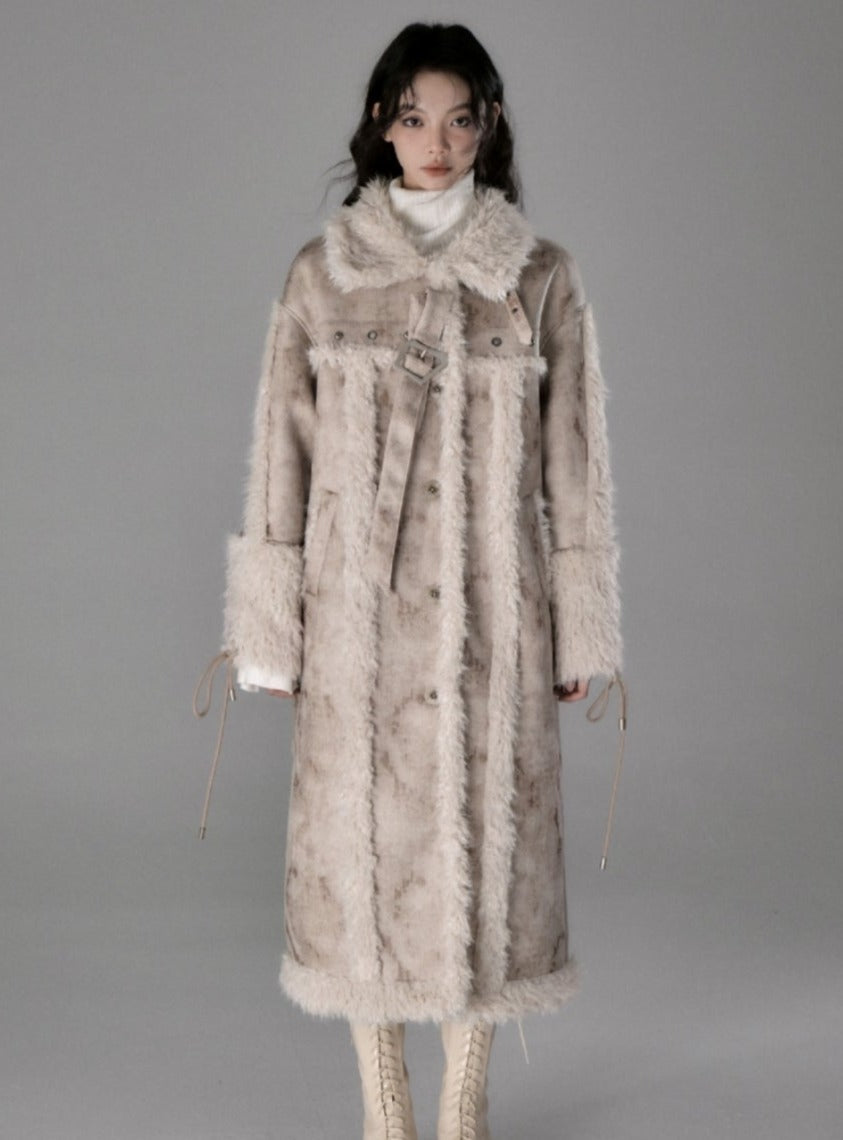 Long lamb fur integrated stitching jacket