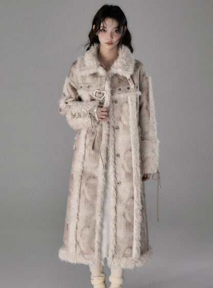 Long lamb fur integrated stitching jacket