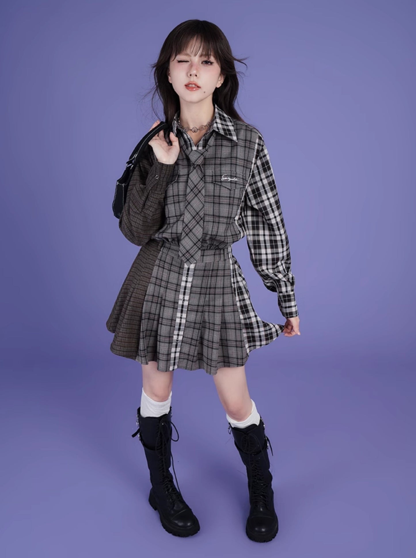 Sweet and patchwork plaid loose shirt dress