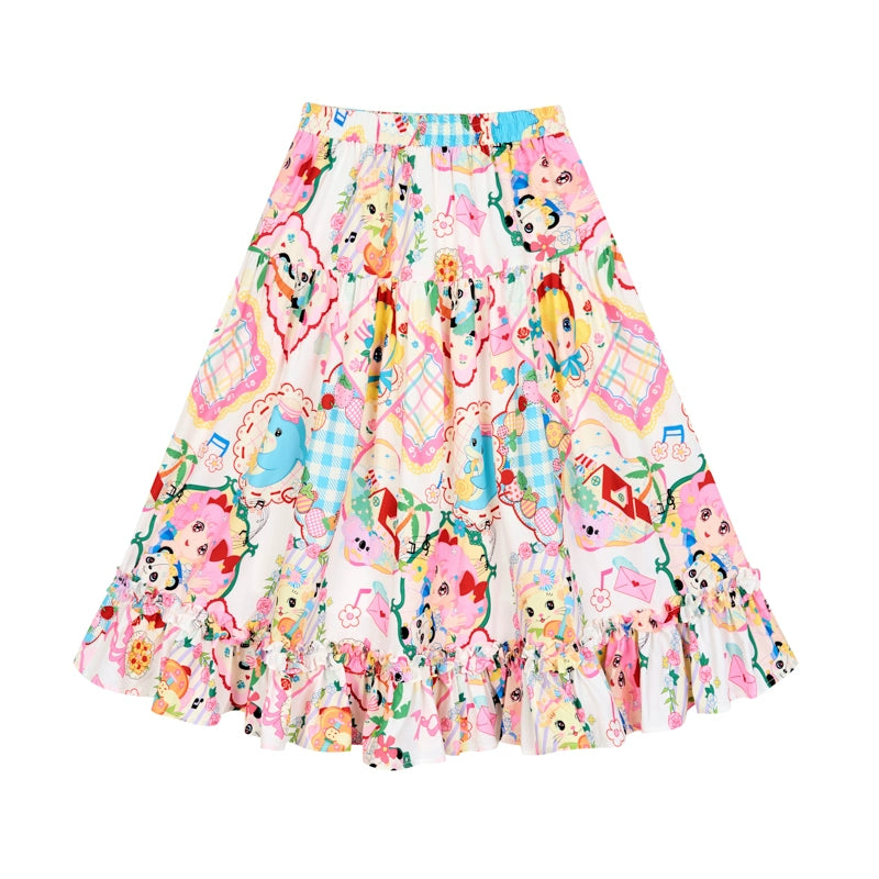 Retro Cartoon Print Lace Skirt