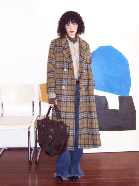 Loose long wool plaid coat