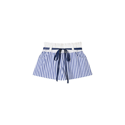 Blue Striped Ruffle A-Line Shorts Set-Up