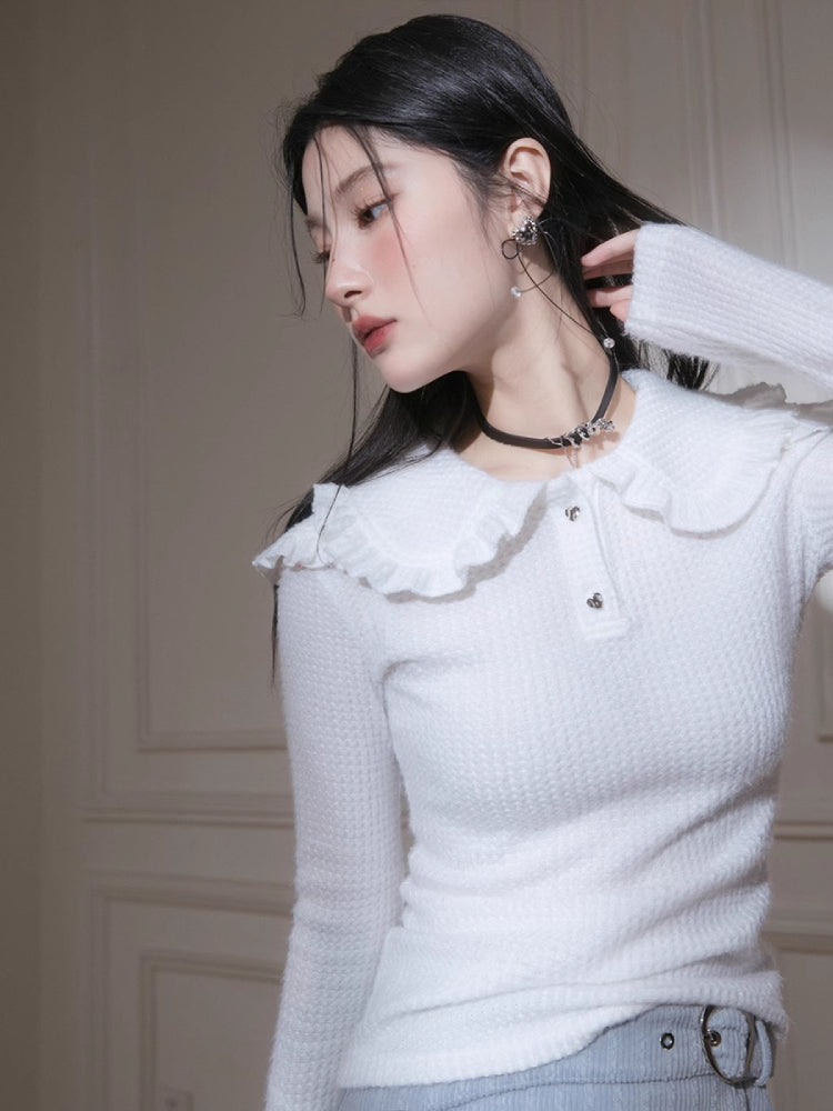 Frilled collar knit stretch shirt