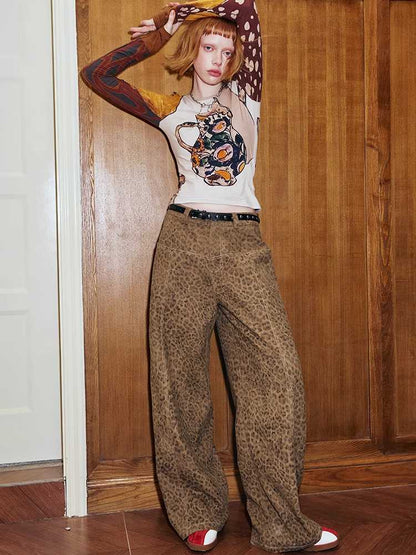 Leopard print straight wide leg pants