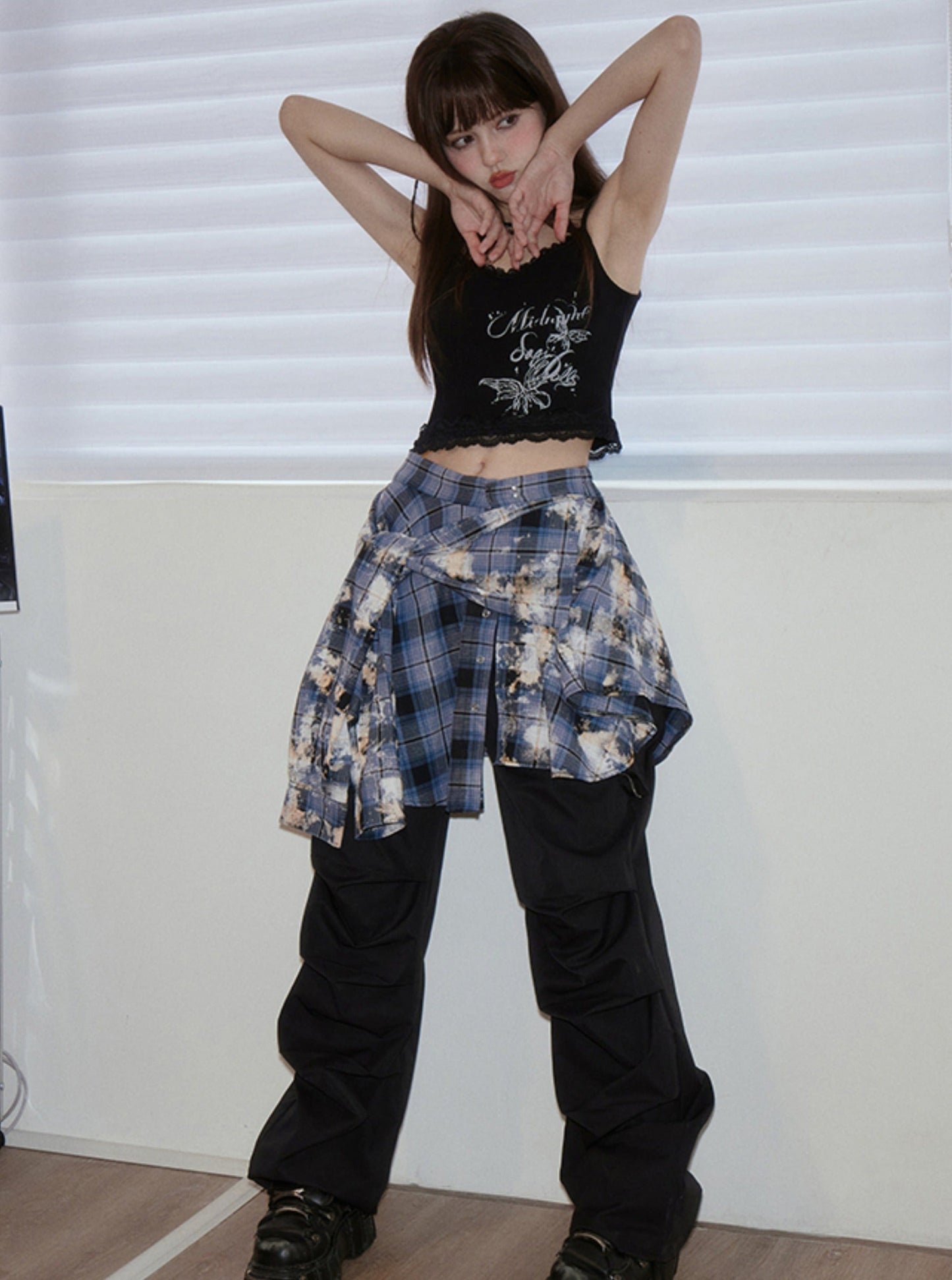 Black Cycling Pants And Layering Blue Checkered Skirt