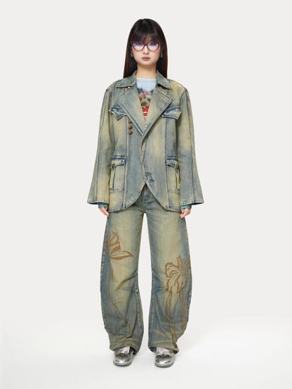 Distressed print casual jacket and pants