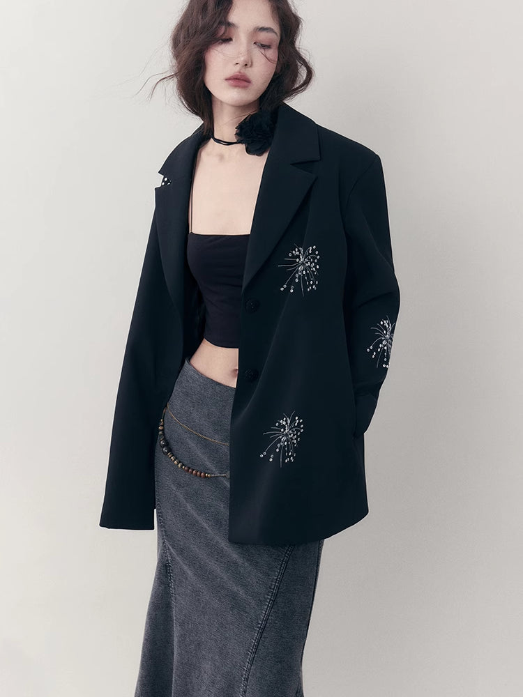 Embroidered Casual Jacket + Casual Wide Leg Pants