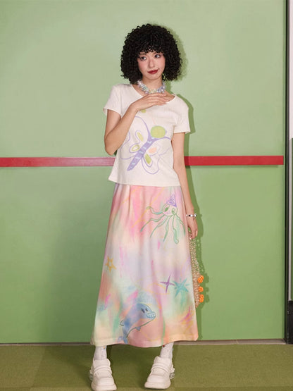 Hand-painted graffiti print A-line skirt