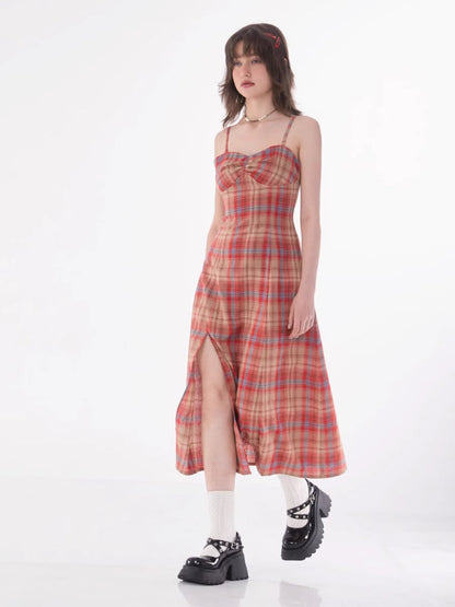 Retro plaid suspender dress