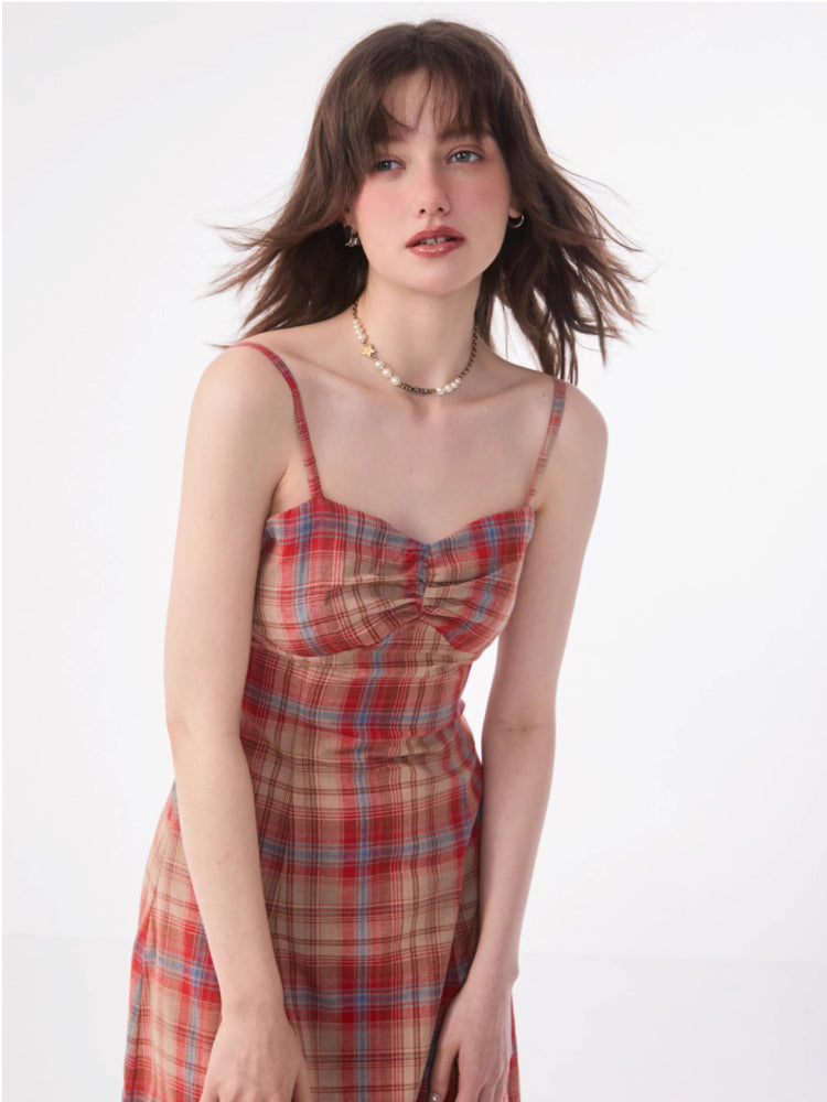 Retro plaid suspender dress