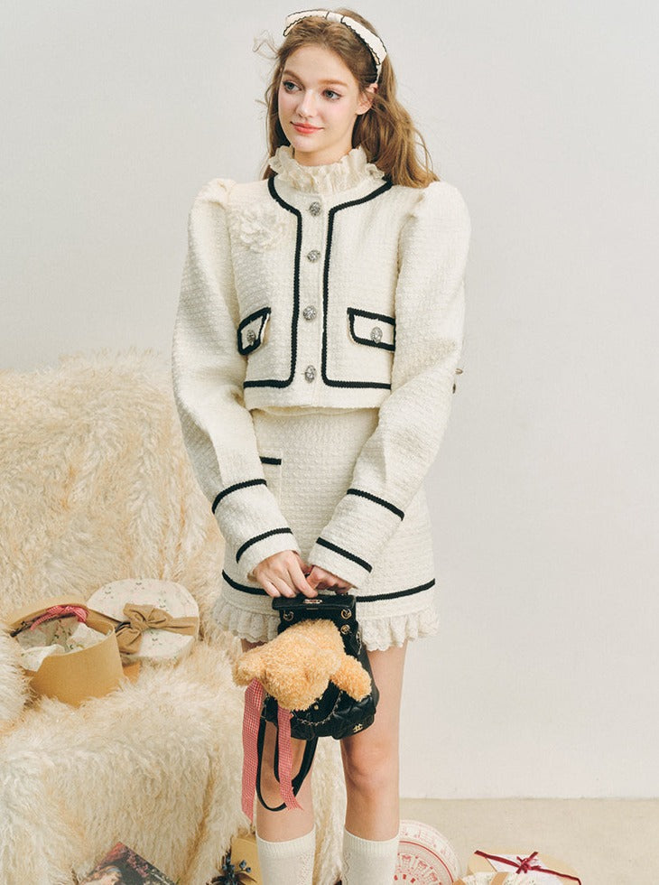 Wool puff sleeve jacket skirt set