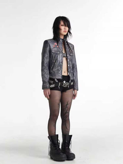 Retro distressed punk leather jacket