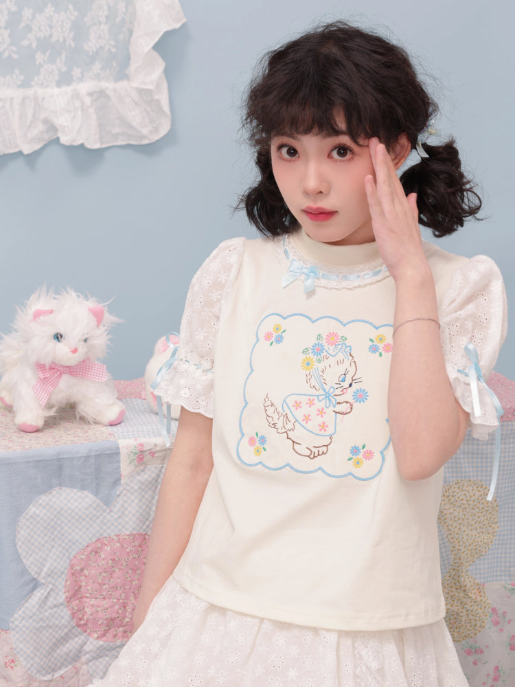 Puff sleeve cat short sleeve T-shirt