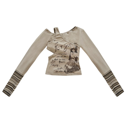 Off-the-Shoulder Patchwork Print Knitted Base Shirt