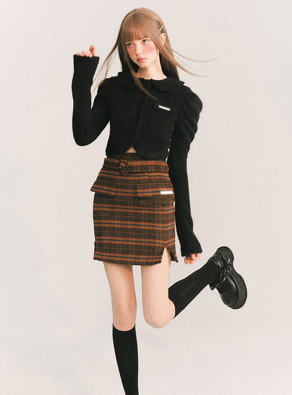 Black Tea Wool Plaid Skirt